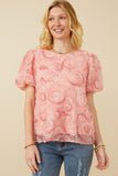 Womens Floral Textured Puff Sleeve Organza Top Front