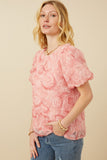 Womens Floral Textured Puff Sleeve Organza Top Side
