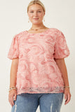 Plus Floral Textured Puff Sleeve Organza Top Front