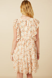 HY7413 Rust Womens Textured Floral Bubble Ruffled Dress Back