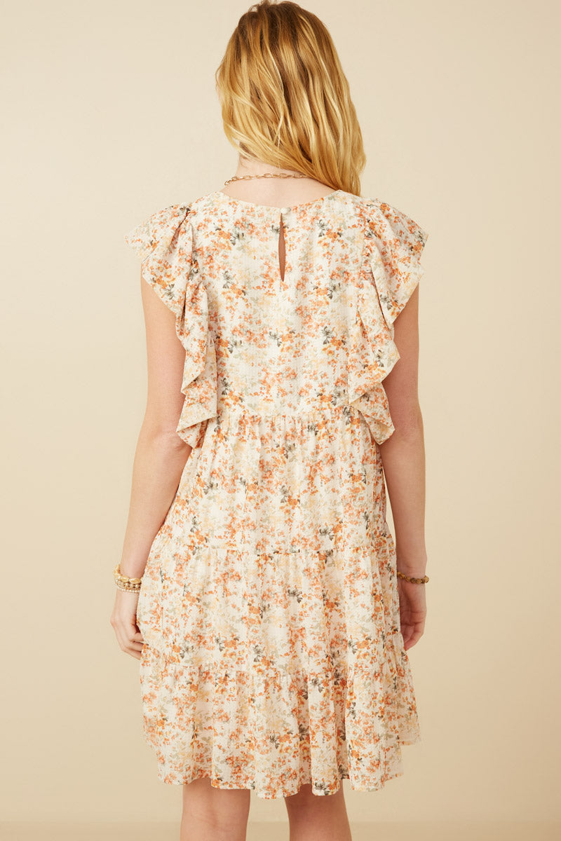 HY7413 Rust Womens Textured Floral Bubble Ruffled Dress Back