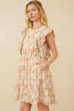 HY7413 Rust Womens Textured Floral Bubble Ruffled Dress Side