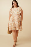 HY7413W Rust Plus Textured Floral Bubble Ruffled Dress Full Body