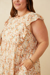 HY7413W Rust Plus Textured Floral Bubble Ruffled Dress Detail