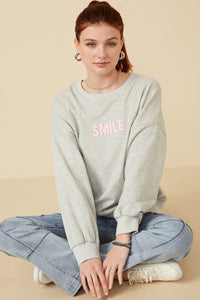 HY7429 Heather Grey Womens Smile Text Cropped French Terry Top Pose