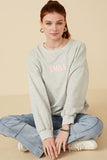 HY7429 Heather Grey Womens Smile Text Cropped French Terry Top Pose