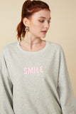 HY7429 Heather Grey Womens Smile Text Cropped French Terry Top Detail
