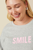 HY7429W Heather Grey Plus Smile Text Cropped French Terry Top Detail