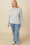 HY7429W Heather Grey Plus Smile Text Cropped French Terry Top Full Body