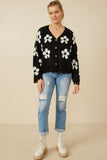 HY7434 Black Womens Distressed Floral Patterned Cardigan Full Body