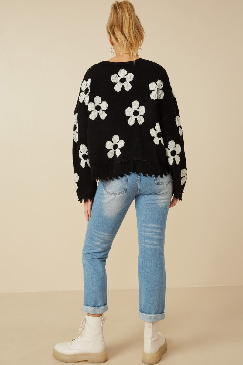 HY7434 Black Womens Distressed Floral Patterned Cardigan Back