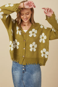 HY7434 Olive Womens Distressed Floral Patterned Cardigan Front