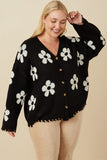 HY7434W Black Plus Distressed Floral Patterned Cardigan Front