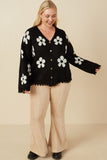 HY7434W Black Plus Distressed Floral Patterned Cardigan Full Body