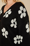 HY7434W Black Plus Distressed Floral Patterned Cardigan Detail