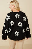 HY7434W Black Plus Distressed Floral Patterned Cardigan Back