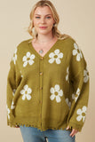 HY7434W Olive Plus Distressed Floral Patterned Cardigan Front