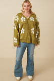 HY7434W Olive Plus Distressed Floral Patterned Cardigan Full Body