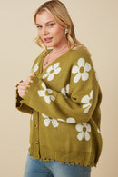 HY7434W Olive Plus Distressed Floral Patterned Cardigan Side