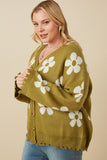 HY7434W Olive Plus Distressed Floral Patterned Cardigan Side