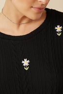 HY7443 Black Womens Cable Knit Floral Embroidered Long Sleeve Top Detail