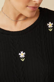 HY7443 Black Womens Cable Knit Floral Embroidered Long Sleeve Top Detail