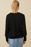 HY7443 Black Womens Cable Knit Floral Embroidered Long Sleeve Top Back
