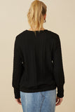 HY7443 Black Womens Cable Knit Floral Embroidered Long Sleeve Top Back