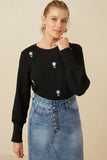 HY7443 Black Womens Cable Knit Floral Embroidered Long Sleeve Top Front 2
