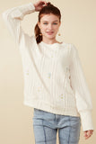 HY7443 Ivory Womens Cable Knit Floral Embroidered Long Sleeve Top Front