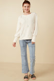HY7443 Ivory Womens Cable Knit Floral Embroidered Long Sleeve Top Full Body