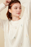 HY7443 Ivory Womens Cable Knit Floral Embroidered Long Sleeve Top Detail