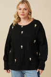 HY7443W Black Plus Cable Knit Floral Embroidered Long Sleeve Top Front