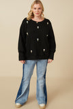 HY7443W Black Plus Cable Knit Floral Embroidered Long Sleeve Top Full Body