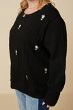 HY7443W Black Plus Cable Knit Floral Embroidered Long Sleeve Top Detail