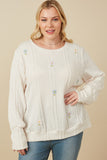 HY7443W Ivory Plus Cable Knit Floral Embroidered Long Sleeve Top Front
