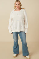 HY7443W Ivory Plus Cable Knit Floral Embroidered Long Sleeve Top Full Body