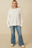 HY7443W Ivory Plus Cable Knit Floral Embroidered Long Sleeve Top Full Body