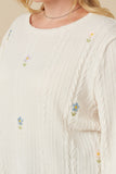 HY7443W Ivory Plus Cable Knit Floral Embroidered Long Sleeve Top Detail