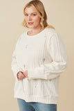 HY7443W Ivory Plus Cable Knit Floral Embroidered Long Sleeve Top Side 2