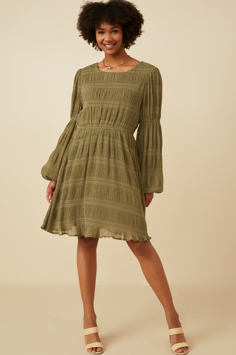 Womens Mixed Pleated Peasant Sleeve Dress