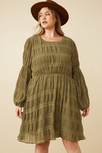 Plus Mixed Pleated Peasant Sleeve Dress Front