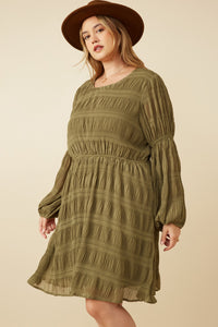 Plus Mixed Pleated Peasant Sleeve Dress Pose