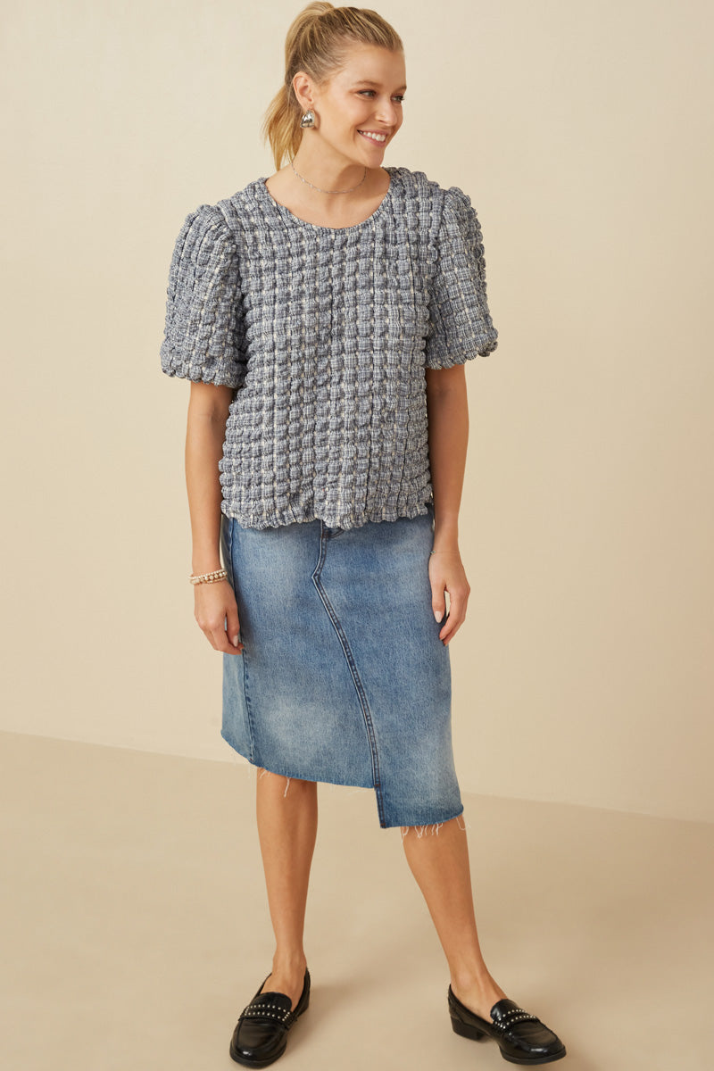 Waffle Textured Puff Sleeve Top