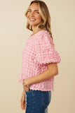 Womens Waffle Textured Puff Sleeve Top Side