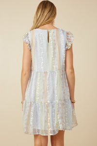 Womens Crochet Lace Textured Print Block Ruffle Sleeve Dress Back