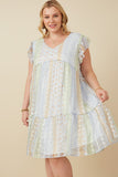 Plus Crochet Lace Textured Print Block Ruffle Sleeve Dress Pose