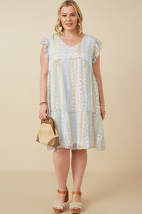 Plus Crochet Lace Textured Print Block Ruffle Sleeve Dress Front