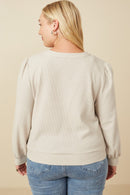 HY7517W Taupe Plus Floral Embroidered Textured Knit Cardigan Back