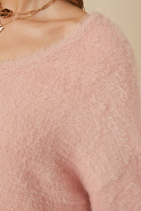 HY7522 Blush Womens Mohair V Neck Sweater Top Detail